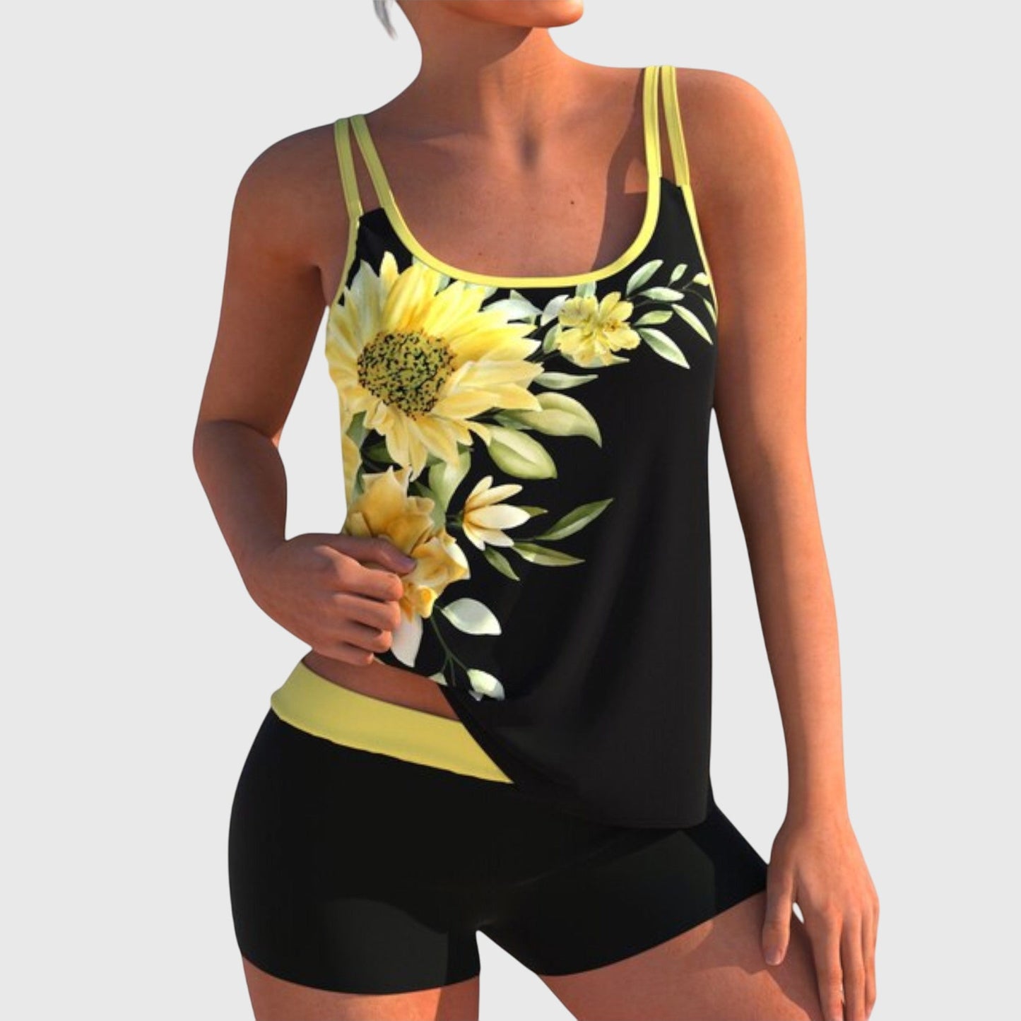 Flor – Tankini estampado de flores con pantalón corto, efecto vientre plano