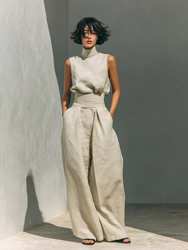 Flor™ | Conjunto minimalista de camiseta sin mangas y pantalones de pierna ancha de algodón y lino para mujer