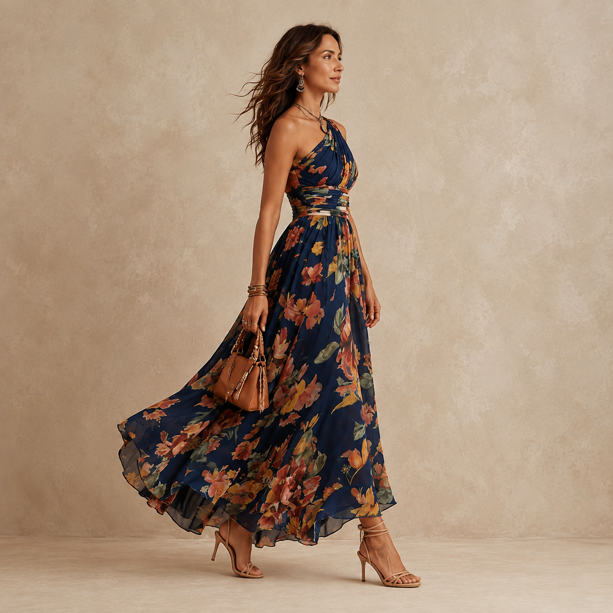 Celeste | Vestido largo floral de un solo hombro