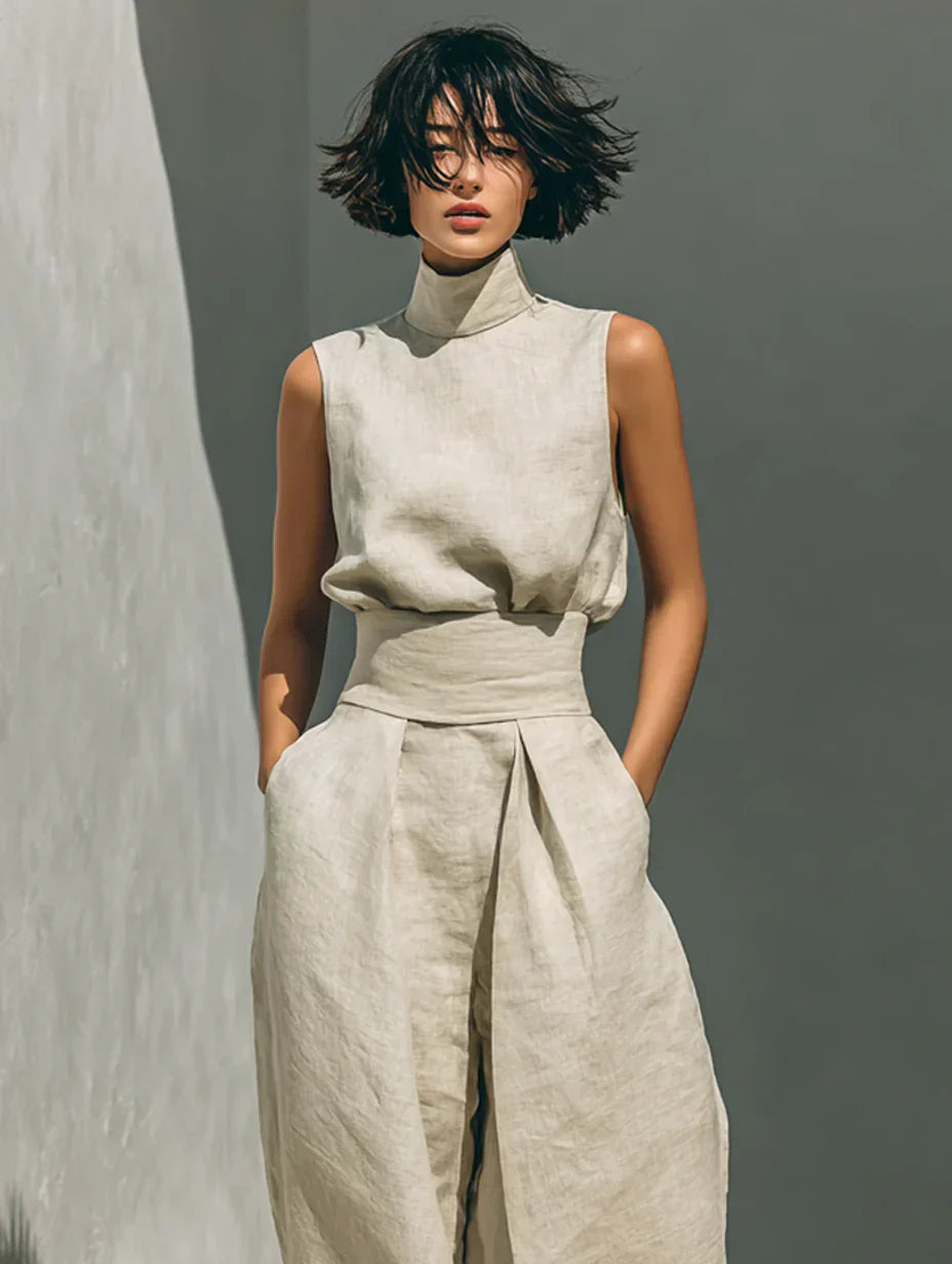 Flor™ | Conjunto minimalista de camiseta sin mangas y pantalones de pierna ancha de algodón y lino para mujer