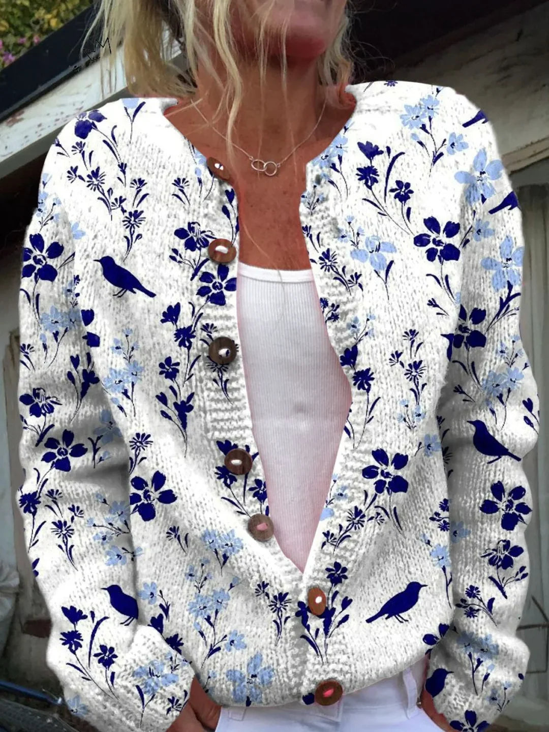 Vynora™ | Cárdigan con botones en la parte delantera y estampado floral vintage de pájaros