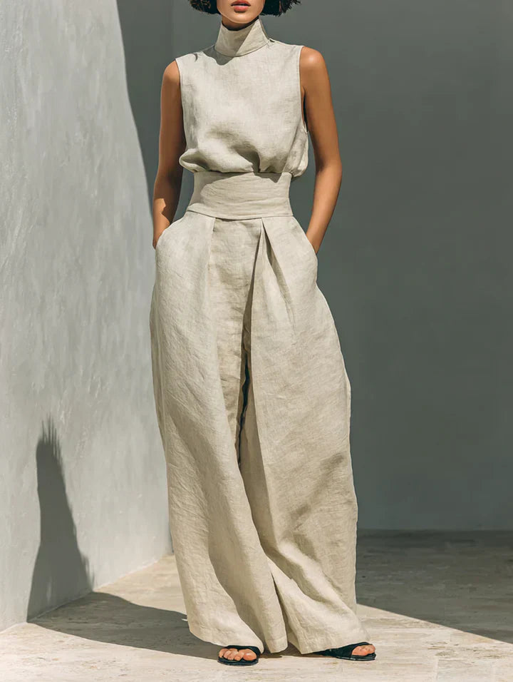 Flor™ | Conjunto minimalista de camiseta sin mangas y pantalones de pierna ancha de algodón y lino para mujer
