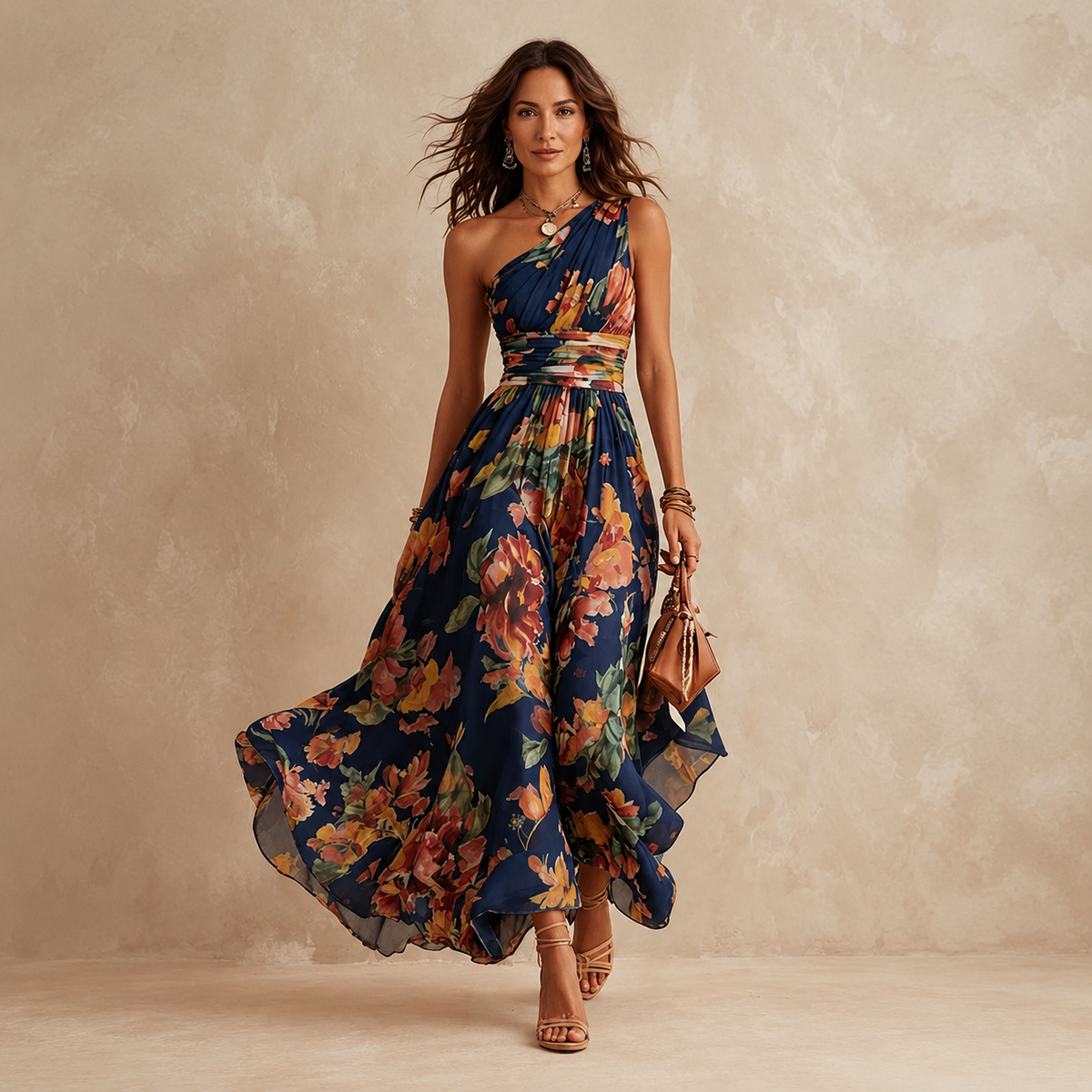 Celeste | Vestido largo floral de un solo hombro