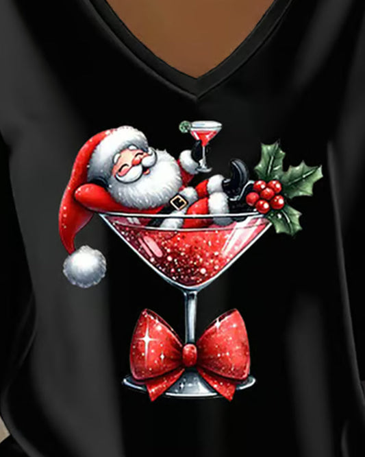 Loose-Fitting Top with V-Neck and Christmas Motif with Wine Glass