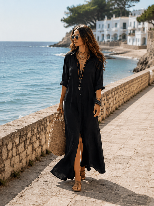 Black Button-Front Bohemian Shirt Maxi Dress.