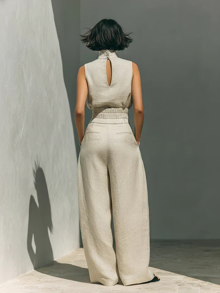 Flor™ | Conjunto minimalista de camiseta sin mangas y pantalones de pierna ancha de algodón y lino para mujer