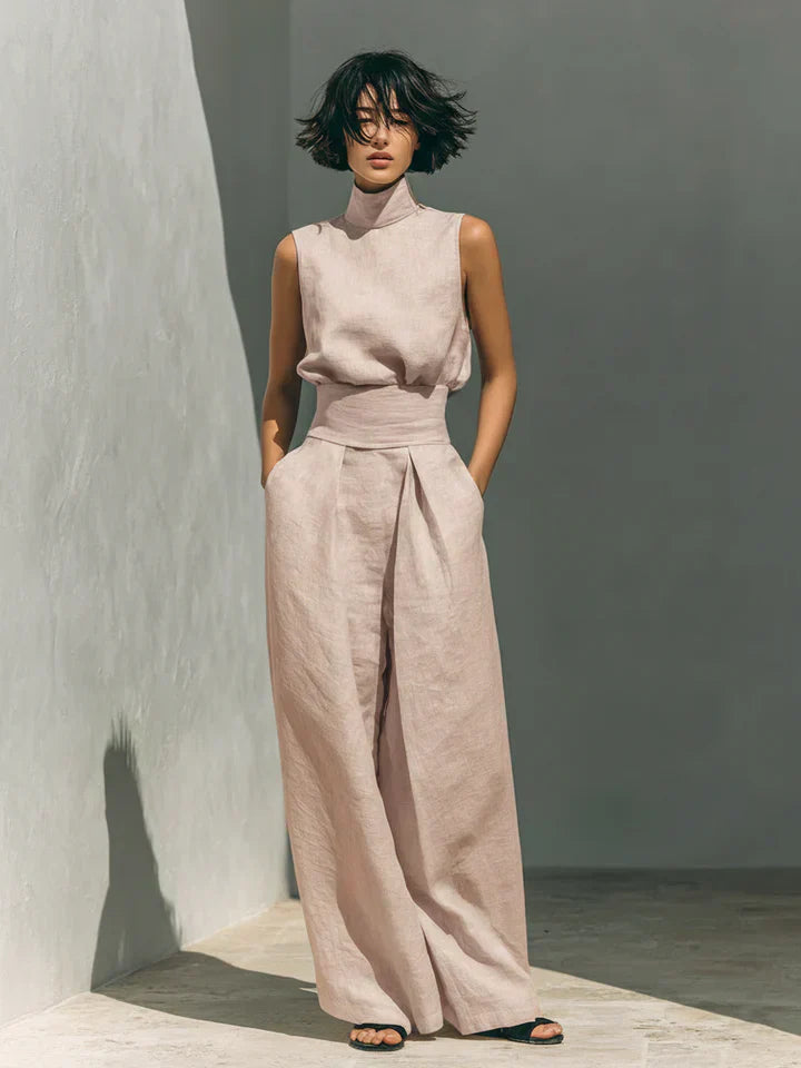 Flor™ | Conjunto minimalista de camiseta sin mangas y pantalones de pierna ancha de algodón y lino para mujer