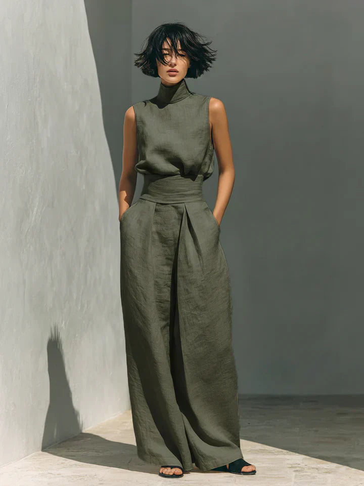 Flor™ | Conjunto minimalista de camiseta sin mangas y pantalones de pierna ancha de algodón y lino para mujer