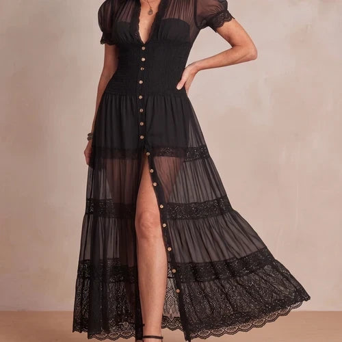 Sophia | Vestido largo de encaje transparente para mujer