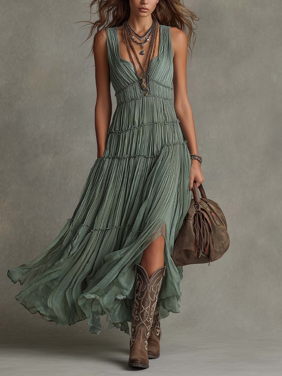 Ava | Vestido largo de mujer con cuello en V y fruncidos