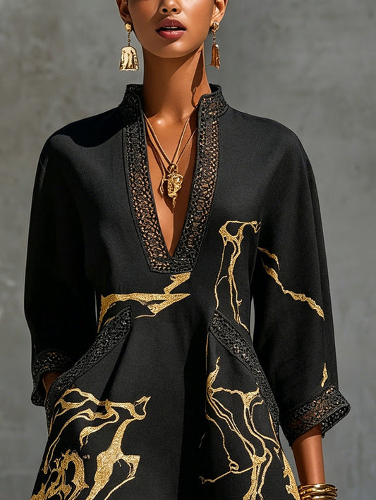 Donatella - Minivestido negro con estampado de mármol dorado y encaje de ganchillo