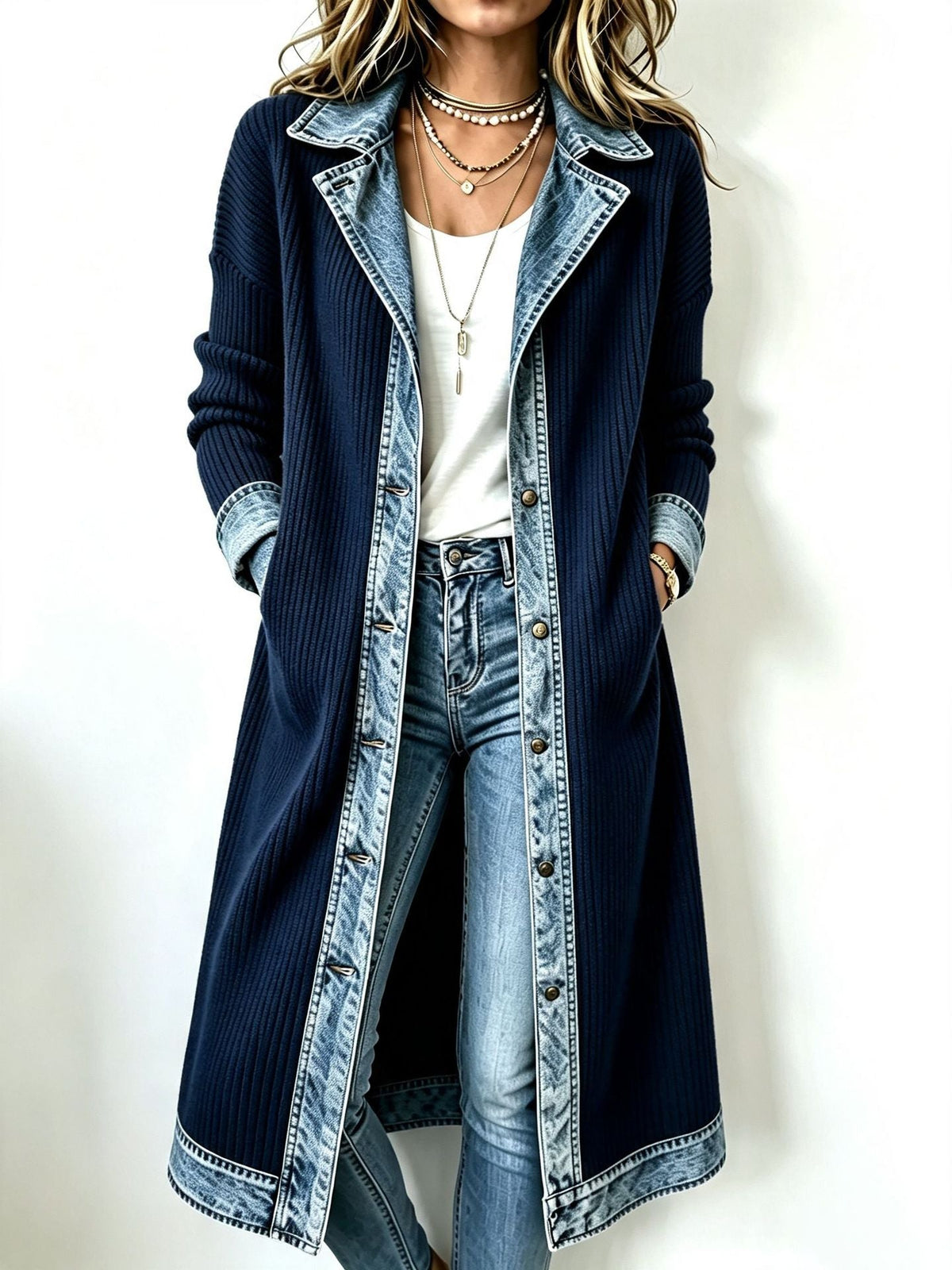 Rosalinda | Long Knit Cardigan with Denim Details
