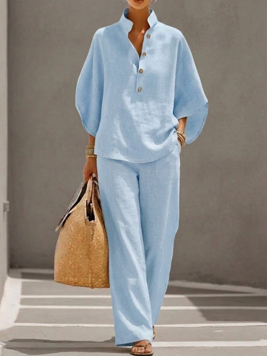 Lorena | Conjunto de Algodón Lino con Mangas Murciélago y Pantalón Ancho