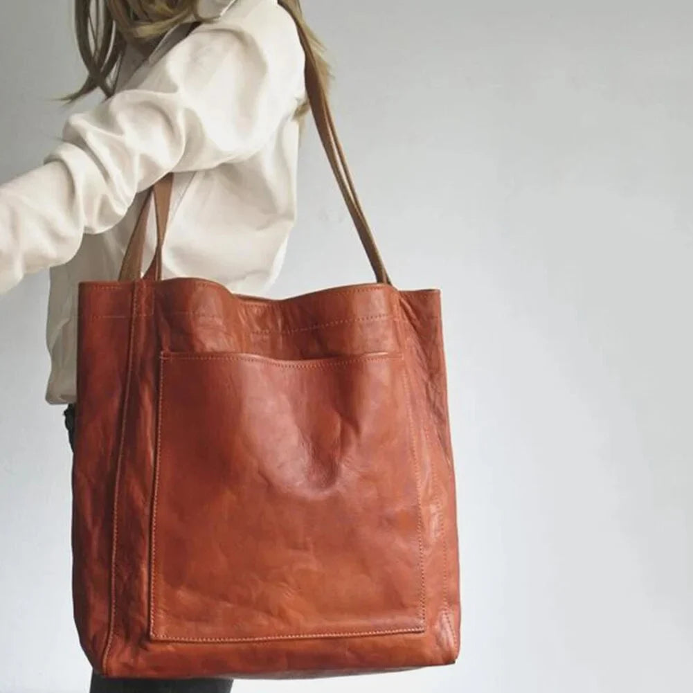 Bolso tote de piel marrón para mujer con cierre magnético y bolsillo de parche en la parte delantera
