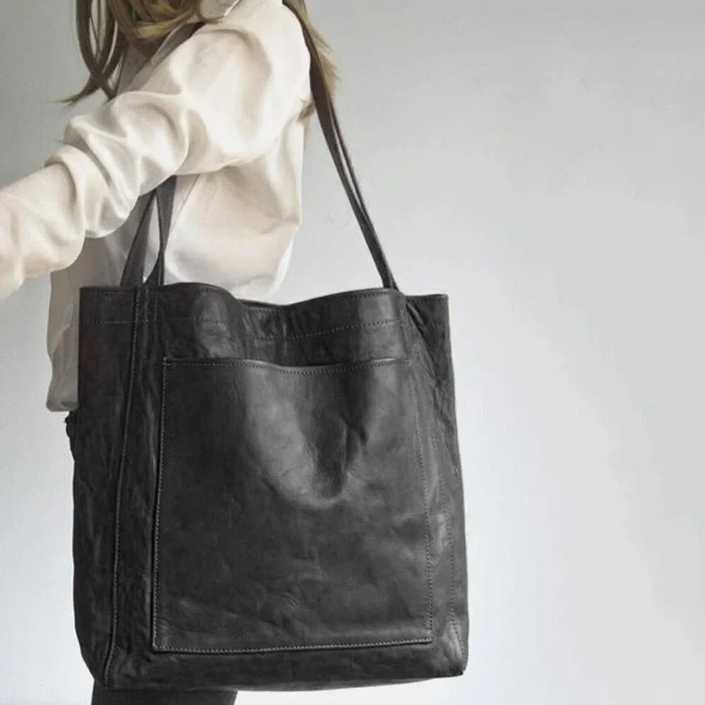 Bolso tote de piel marrón para mujer con cierre magnético y bolsillo de parche en la parte delantera
