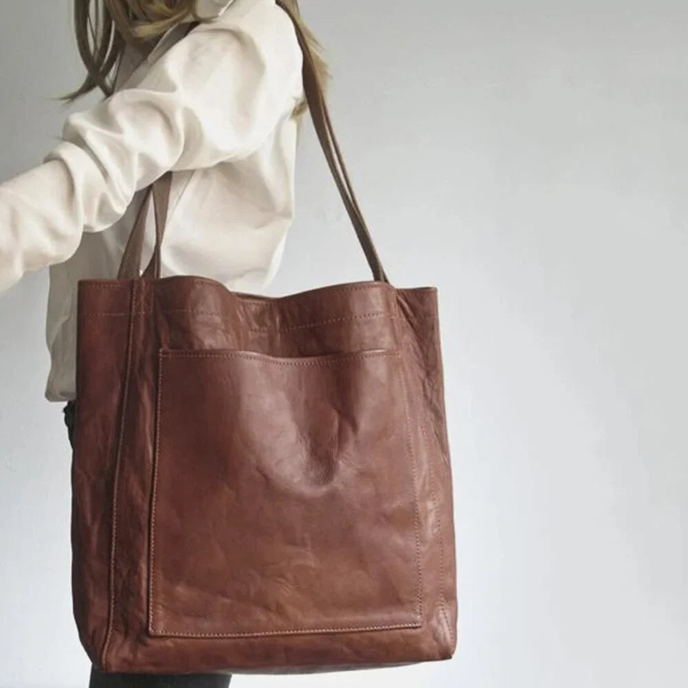 Bolso tote de piel marrón para mujer con cierre magnético y bolsillo de parche en la parte delantera