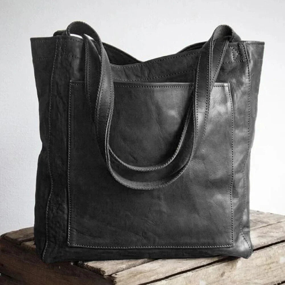 Bolso tote de piel marrón para mujer con cierre magnético y bolsillo de parche en la parte delantera