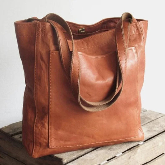 Bolso tote de piel marrón para mujer con cierre magnético y bolsillo de parche en la parte delantera
