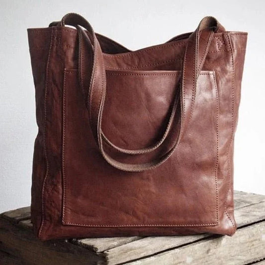 Bolso tote de piel marrón para mujer con cierre magnético y bolsillo de parche en la parte delantera